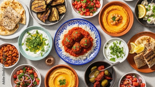 Wallpaper Mural Assorted global dishes flat lay vector illustration with vibrant food variety Torontodigital.ca