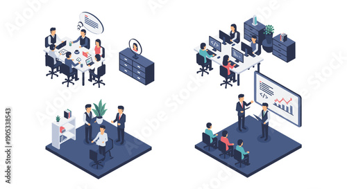 Isometric Business Meeting and Office Work Scenarios.