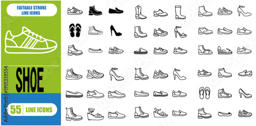 A modern set of shoe icons in minimalist line style with editable strokes, ideal for fashion apps, e-commerce platforms, product catalogs, and lifestyle branding