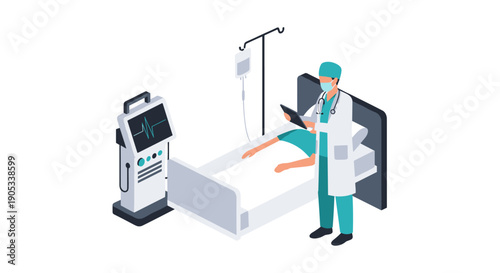 Isometric illustration of doctor examining patient in hospital bed with medical equipment.