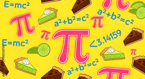 Dynamic Colorful Pattern Celebrating Mathematical Pi Symbol with Scientific Equations and Delicious Dessert Graphics