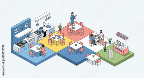 Isometric view of a modern restaurant kitchen and dining area with people.