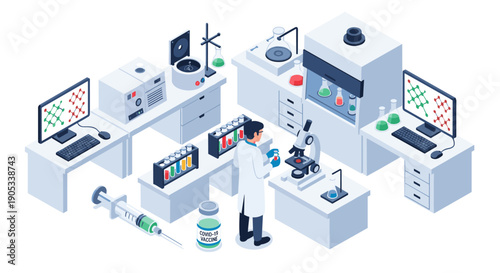 Isometric view of a scientist working in a modern laboratory.