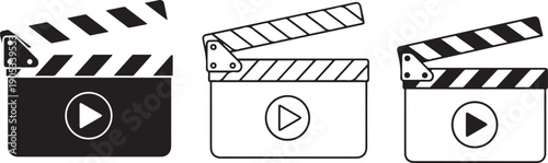 Black and white clapper board with play buttons production