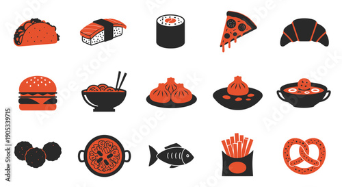 Assorted Japanese Cuisine Icons in Orange and Black.