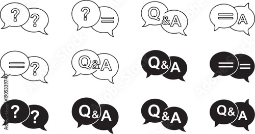 Black and white speech bubbles with question and answer symbols question marks equals signs