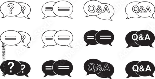 Black and white speech bubbles with question marks and equals signs