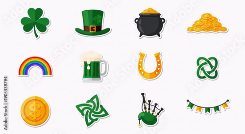 Vibrant collection of classic Irish holiday symbols and good luck charms for festive celebrations