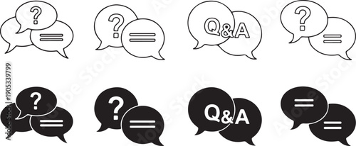 Black and white speech bubbles with question marks and text bubbles chat dialogue symbols