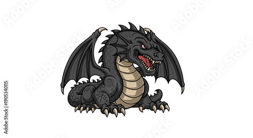 Fierce Black Dragon Illustration with Wings and Sharp Claws.