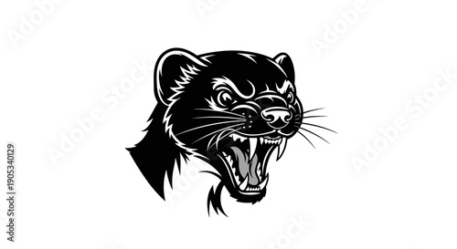 Fierce Black Ferret Head Illustration Aggressive Wild Animal.
