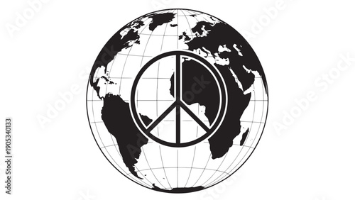 Black and white globe with prominent peace symbol representing global unity and harmony.