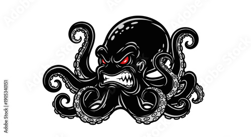 Fierce Black Octopus with Red Eyes and Angry Expression.
