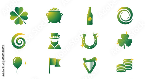 Vibrant collection of gradient green icons celebrating Irish culture and good fortune for festive designs