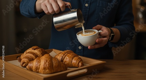 Person pouring milk into coffee with croissants on a tray in a cafe setting with natural lighting