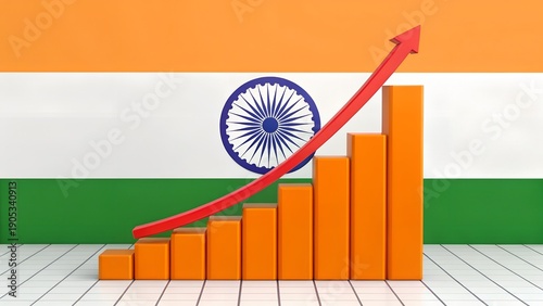 India Rising – Orange Bar Graph with Red Upward Arrow over Indian Flag, Economic Growth, National Progress, Business Metrics, Financial Success, Data Visualization, Strategy