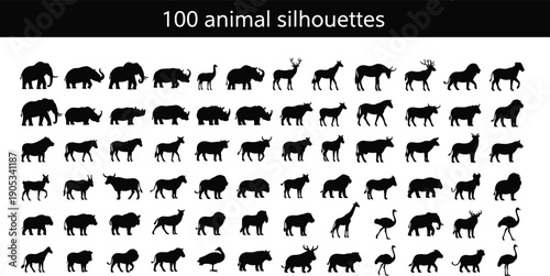 Mega set of one hundred black vector silhouettes featuring diverse wild animals like elephants lions and giraffes for nature branding,