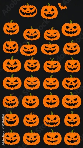 Assortment of carved Halloween pumpkins and a bat on black background