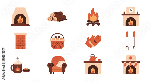 Cozy Fireplace Elements Winter Warmth Icons.