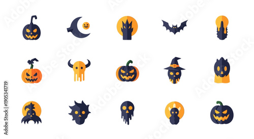 Halloween Icons Set with Pumpkins and Symbols.