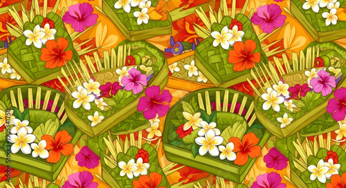 Vibrant Seamless Pattern of Traditional Balinese Hindu Offerings with Tropical Flowers, Cultural Background Design