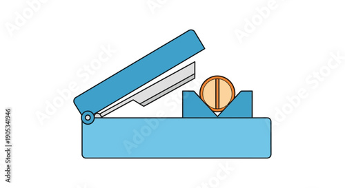 An illustration of a blue box with a hinged lid open, revealing a silver tool and a brown object inside, viewed from the front.