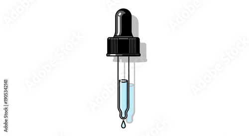 A close-up view of a clear glass dropper with a black cap and a single drop falling from its tip.