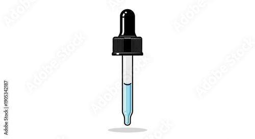 A digital illustration of a pipette with blue liquid, isolated on a simple background from a straight-on viewpoint.