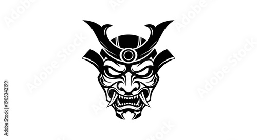 Fierce Samurai Mask Illustration with Menacing Expression.