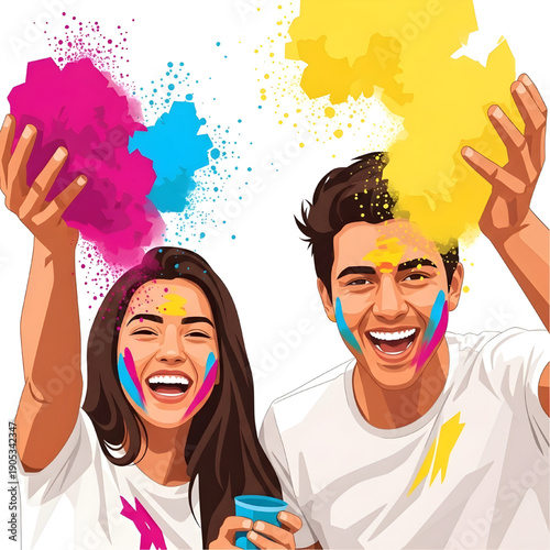 Joyful young couple celebrating a vibrant festival of colors, enthusiastically throwing powder and sharing happy smiles