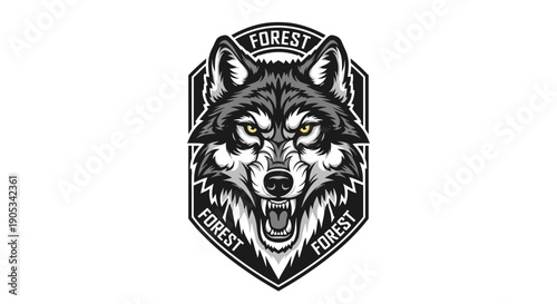 Fierce Wolf Head Emblem with Forest Text.