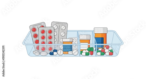 Medication organizer tray filled with assorted pills and capsules from various bottles and blister packs viewed from directly above