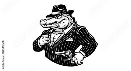 Gangster alligator wearing a pinstripe suit and fedora hat.
