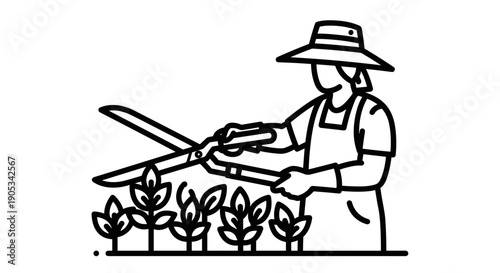 Gardener tending to plants with shears.