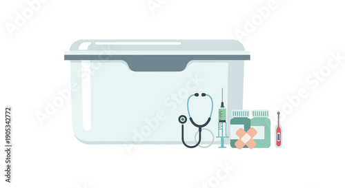Medical supply box with stethoscope, medicines, and healthcare tools on a clean surface viewed from the front.