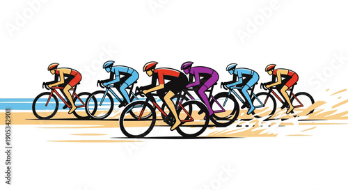 Vector illustration of cyclists racing on a beach with sand splashes, conveying a sense of extreme sport and beach culture action.