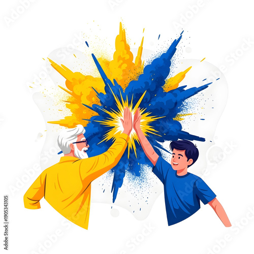 Two Diverse Generations High-Fiving Amidst a Vibrant Explosion of Blue and Yellow Powder, Symbolizing Unity and Shared Success