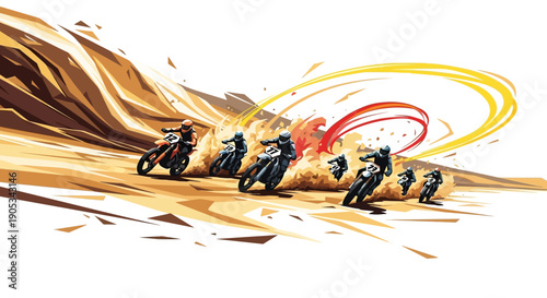 Illustration of a bike race on a beach with dynamic sand splashes and abstract lines conveying action and speed.