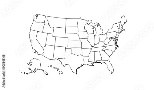 Vector map of the 48 continental USA states with raised 3D effect and clipping-path separation