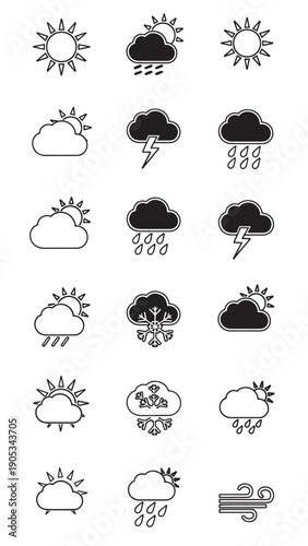 Collection of weather icons showing sun, clouds, rain, and snow in various styles and moods.