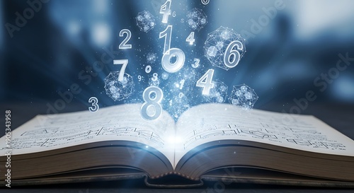 An open book with numbers and glowing particles emerging from its pages, symbolizing the concept of knowledge and discovery in education and learning