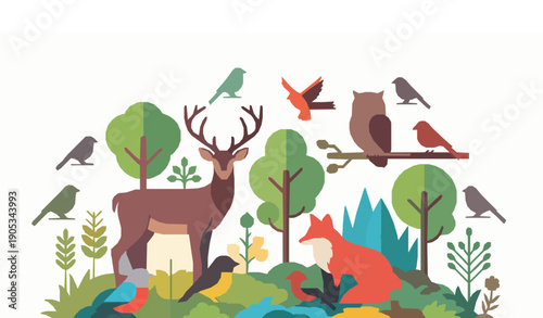 Wildlife and birds vector illustration with forest animals and natural habitat in flat eco design