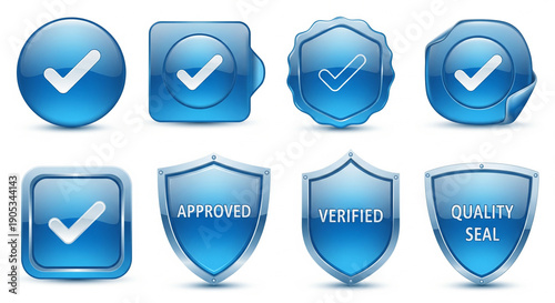 Obraz na plátně Glossy Blue Tick Badge – Product Approval Verification Vector