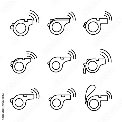 Outline whistle icon black vector line art sports coaching set