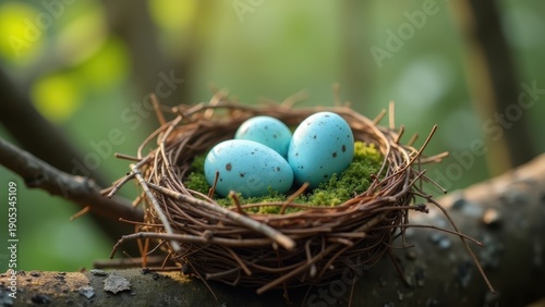 Bird nest with blue speckled eggs, twigs moss construction natural materials, spring nesting wildlife reproduction, tree branch outdoor setting peaceful
