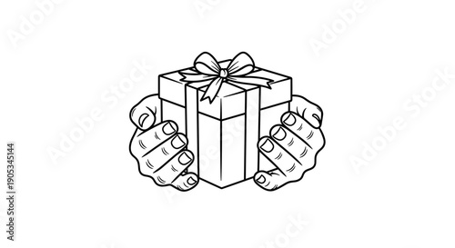 Hands Holding A Gift Box With Ribbon Bow.