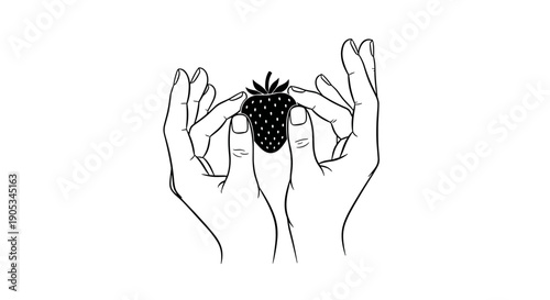 Hands holding a single ripe strawberry with care.