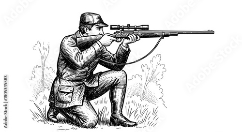 Hunter Aiming Rifle in Kneeling Position Outdoors.