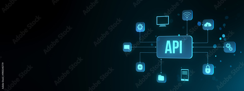 Naklejka premium API interface structure with neon blue tech icons on dark background, clean modern design with concept of data network communication system. 3D Rendering