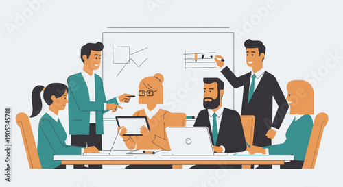 A group of professionals engaged in a collaborative meeting around a table with laptops and charts